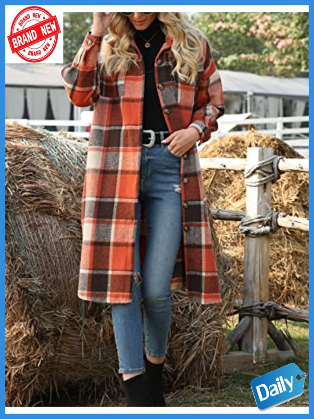 Tartan Plaid Button Up Long Shacket Coat with Pockets - Picture 2 of 6